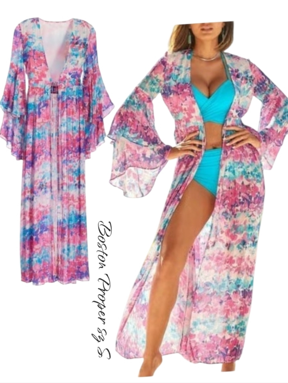 Boston Proper Watercolor Garden Print Shimmer Duster /Cover up sz L